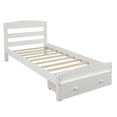 Platform Twin Bed Frame with Storage Drawer and Wood Slat Support No Box Spring Needed - White