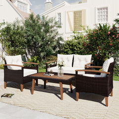 4-Piece Garden Furniture, Patio Seating Set, PE Rattan Outdoor Sofa Set, Wood Table and Legs - Brown and Beige