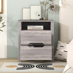 Multifunctional Storage Nightstand with 2 Drawers and an open shelf, Wireless Charging with adjustable LED - Brown
