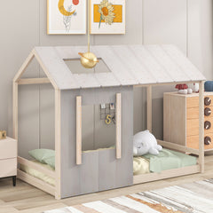 Twin Size House Platform with Roof and Window - Antique Grey+Antique White