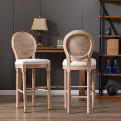 French Country Wooden Barstools Rattan Back With Upholstered Seating (Set of 2) - Beige and Natural
