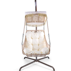 Swing Egg Chair with Stand Indoor Outdoor, UV Resistant Black Cushion with Cup Holder, Wicker Rattan Frame with Sunshade Cloth
