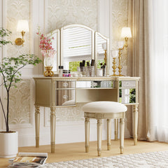 43" Makeup Vanity Set With Mirrored Drawers And Stool - Gold