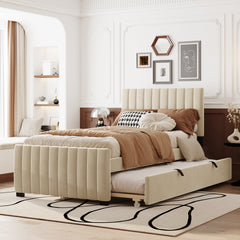 Twin Size Velvet Upholstered Platform Bed with Twin Size Trundle - Beige