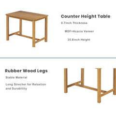 4 Piece Rustic Wooden Counter Height Dining Table Set with Upholstered Bench - Natural+Beige