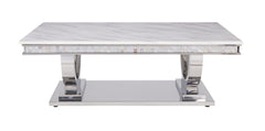 Zander Coffee Table, White Printed Faux Marble & Mirrored Silver Finish