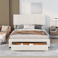Queen Size Upholstery Platform Bed with One Drawer, Adjustable Headboard - Beige