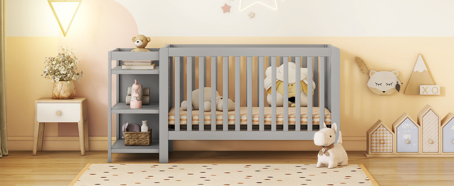 Convertible Crib/Full Size Bed with Changing Table - Gray