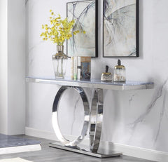 Zasir Sofa Table, Gray Printed Faux Marble & Mirrored Silver Finish