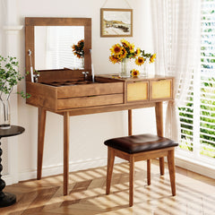 43.3" Classic Wood Makeup Vanity Set with Flip-top Mirror and Stool - Brown