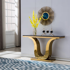 Modern Marble Console Table, 0.71" Thick Marble Top, U Shape Stainless Steel Base with Gold Finish