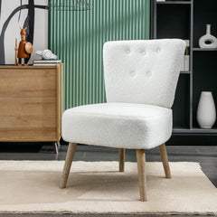 Teddy Fabric Button Accent Slipper Chair With Wooden Legs - White