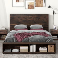 King Size Wood Platform Bed with Storage Bench - Walnut