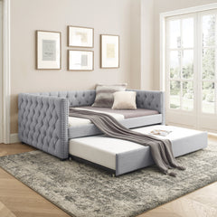 Full Daybed & Twin Trundle with Button and Copper Nail on Square Arms - Grey