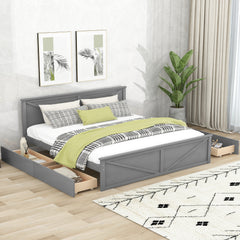 King Size Wooden Platform Bed with Four Storage Drawers and Support Legs - Grey