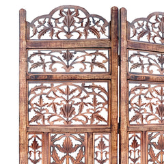 Handcrafted 3 Panel Mango Wood Screen with Cutout Filigree Carvings - Brown
