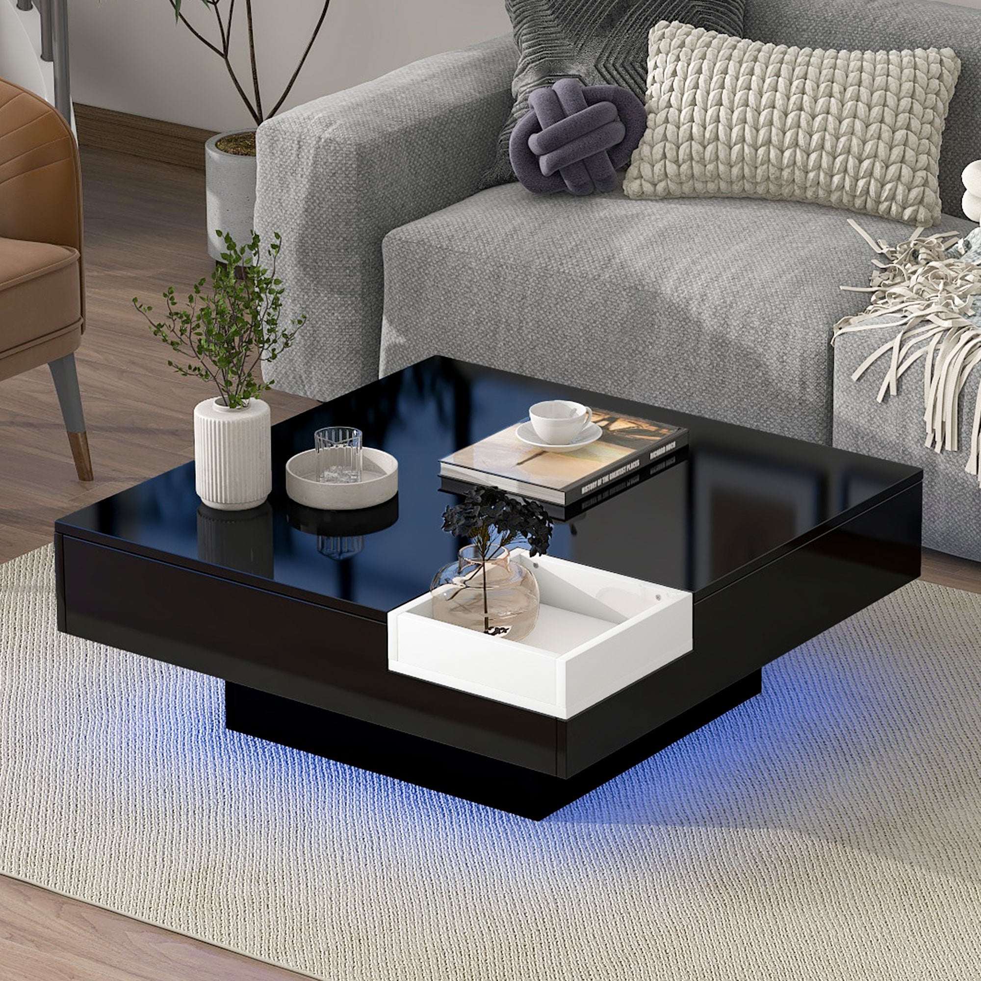 Minimalist Design Square Coffee Table with Detachable Tray and Plug-in 16-color LED