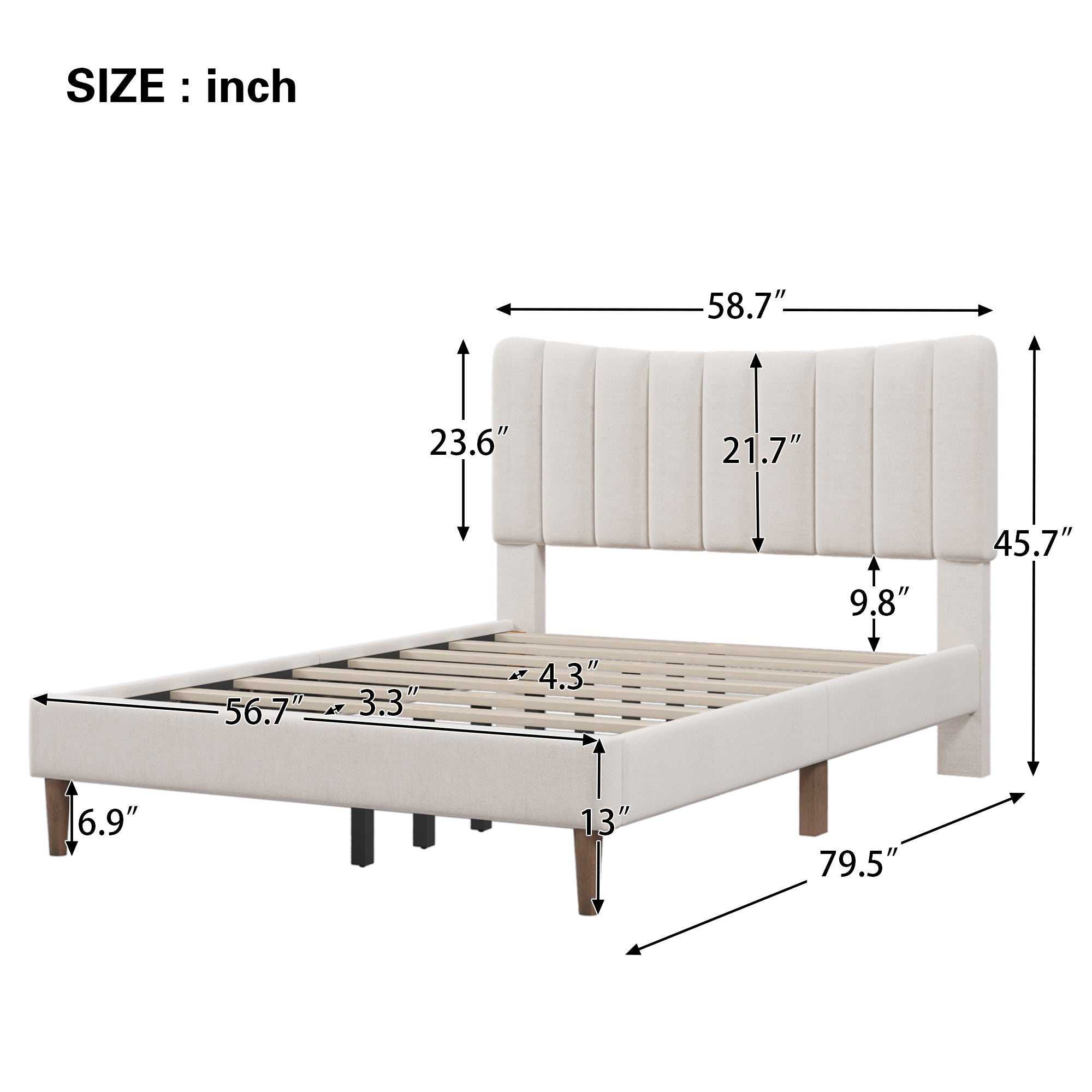 Full Bed - Upholstered Platform Bed Frame with Vertical Channel Tufted Headboard, No Box Spring Needed - Cream