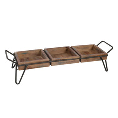 Artisinal Wood Serving Tray, 3 Seperate Sections and Metal Frame, Brown/ Black