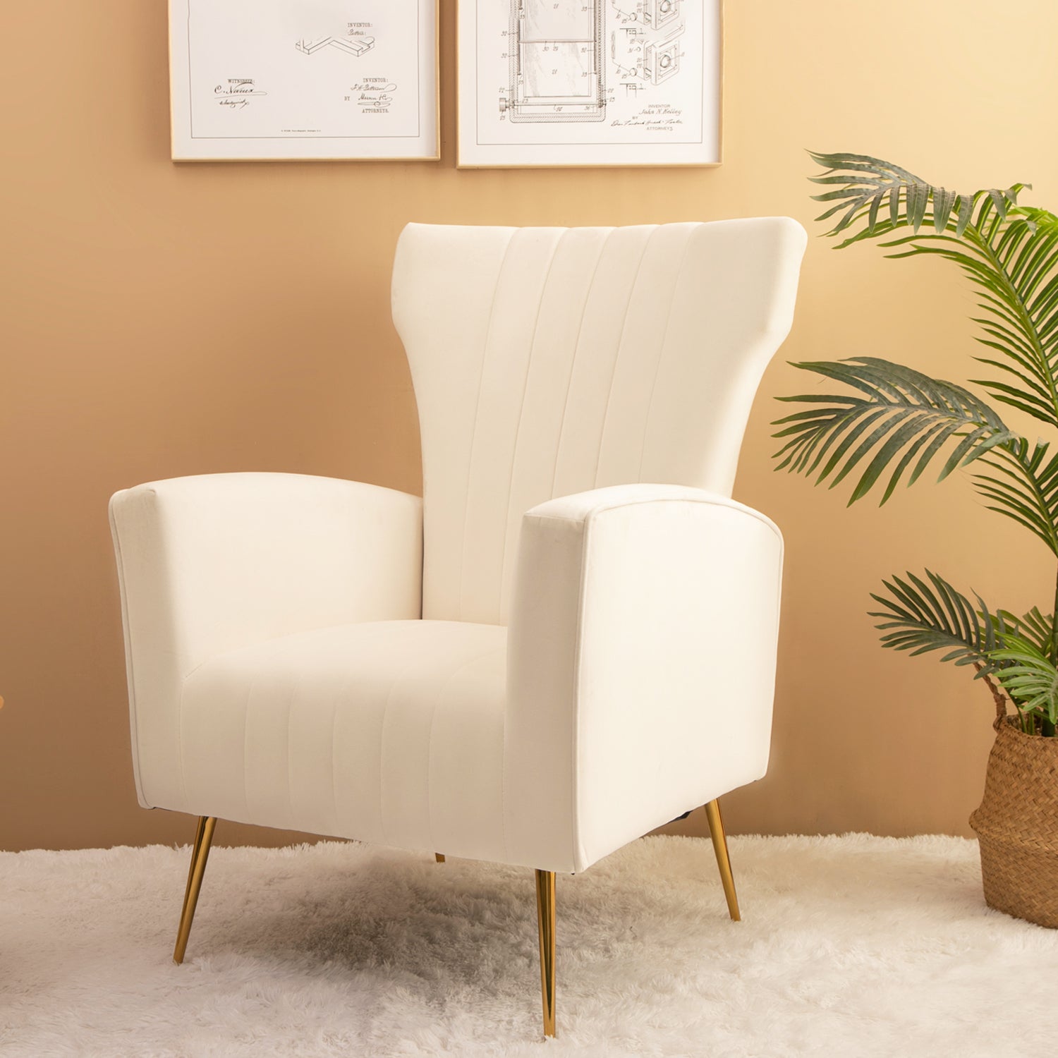 Velvet Accent Wingback Arm Chair with Gold Legs - White