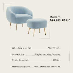 Modern Comfy Leisure Accent Chair, Teddy Short Plush Particle Velvet Armchair with Ottoman - Light Blue