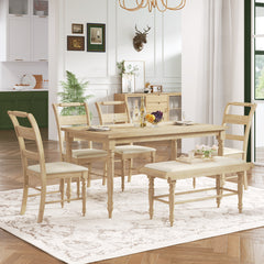Retro Style 6-piece Dining Set with Dining Chairs and Bench - Natural