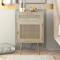Wooden Nightstand with Rattan Panel, One Drawer, One Cabinet and Metal Feet - Natural