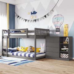 Twin over Twin Bunk Bed with 4 Drawers and 3 Shelves - Gray