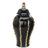 18.50"H Elegant Black Ceramic Ginger Jar Vase with Gold Accents and Removable Lid