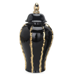 15" Elegant Black Ceramic Ginger Jar Vase with Gold Accents and Removable Lid