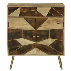 36 Inch Mango Wood Nightstand Side Table Cabinet, 2 Doors, Geometric Inlaid Design - Brown, Gold