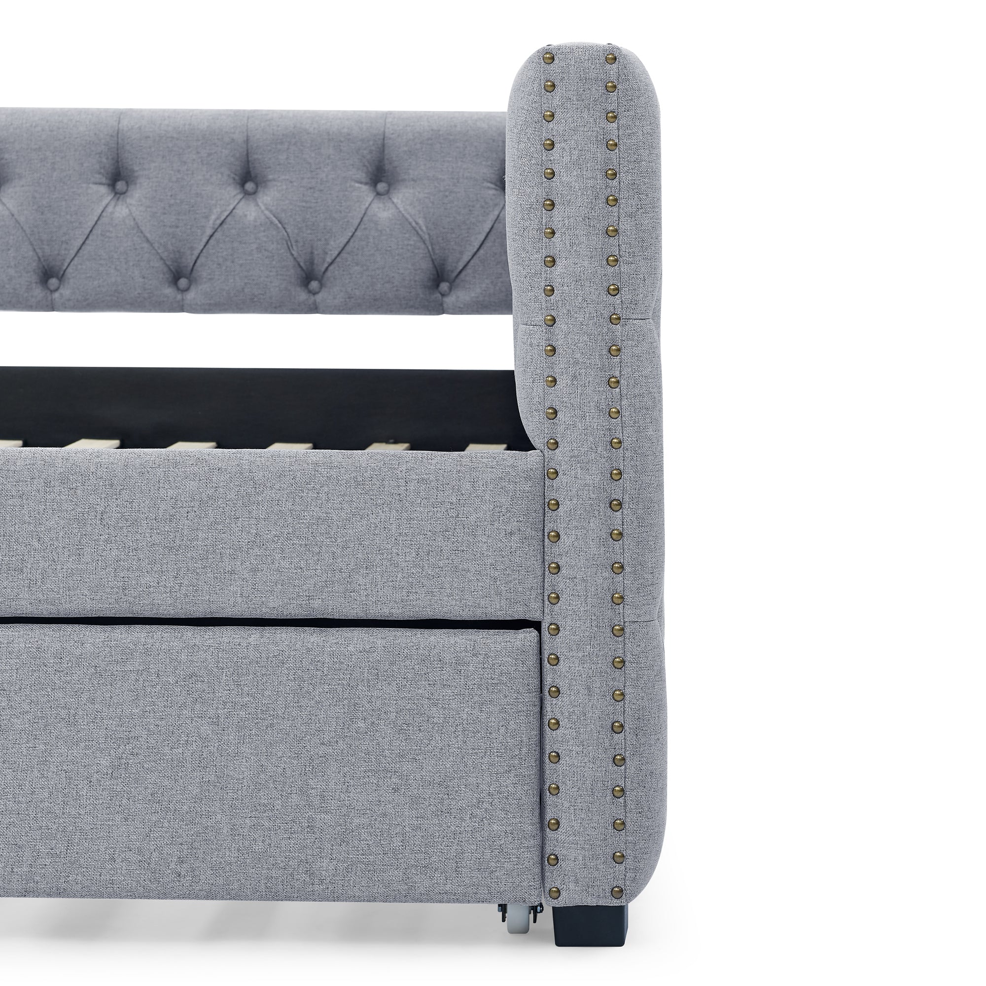 Full Daybed & Twin Trundle with Button and Copper Nail on Square Arms - Grey