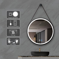 24inch Black Round Frame with Lamp Hanging Bathroom Mirror