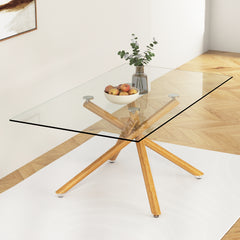 Modern Minimalist Rectangular Glass Dining Table for 6-8 with 0.39" Tempered Glass Tabletop and Wood color Metal Legs