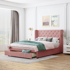 Queen Size Storage Bed Velvet Upholstered Platform Bed with Wingback Headboard and a Big Drawer - Pink