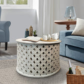 Artisanal Round Mango Wood Coffee Table - Washed White