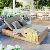 Outdoor Double Sun bed, Wicker Rattan Patio Reclining Chairs with Adjustable Backrest and Seat - Brown