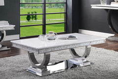 Zander Coffee Table, White Printed Faux Marble & Mirrored Silver Finish