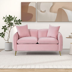 Pink Velvet Upholstered Sofa, Loveseat Couch with 2 Pillows Modern Sofa with Golden Metal Legs