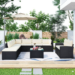 9-piece Outdoor Patio Large Wicker Sofa Set, Rattan Sofa set - Black wicker + Beige Cushion