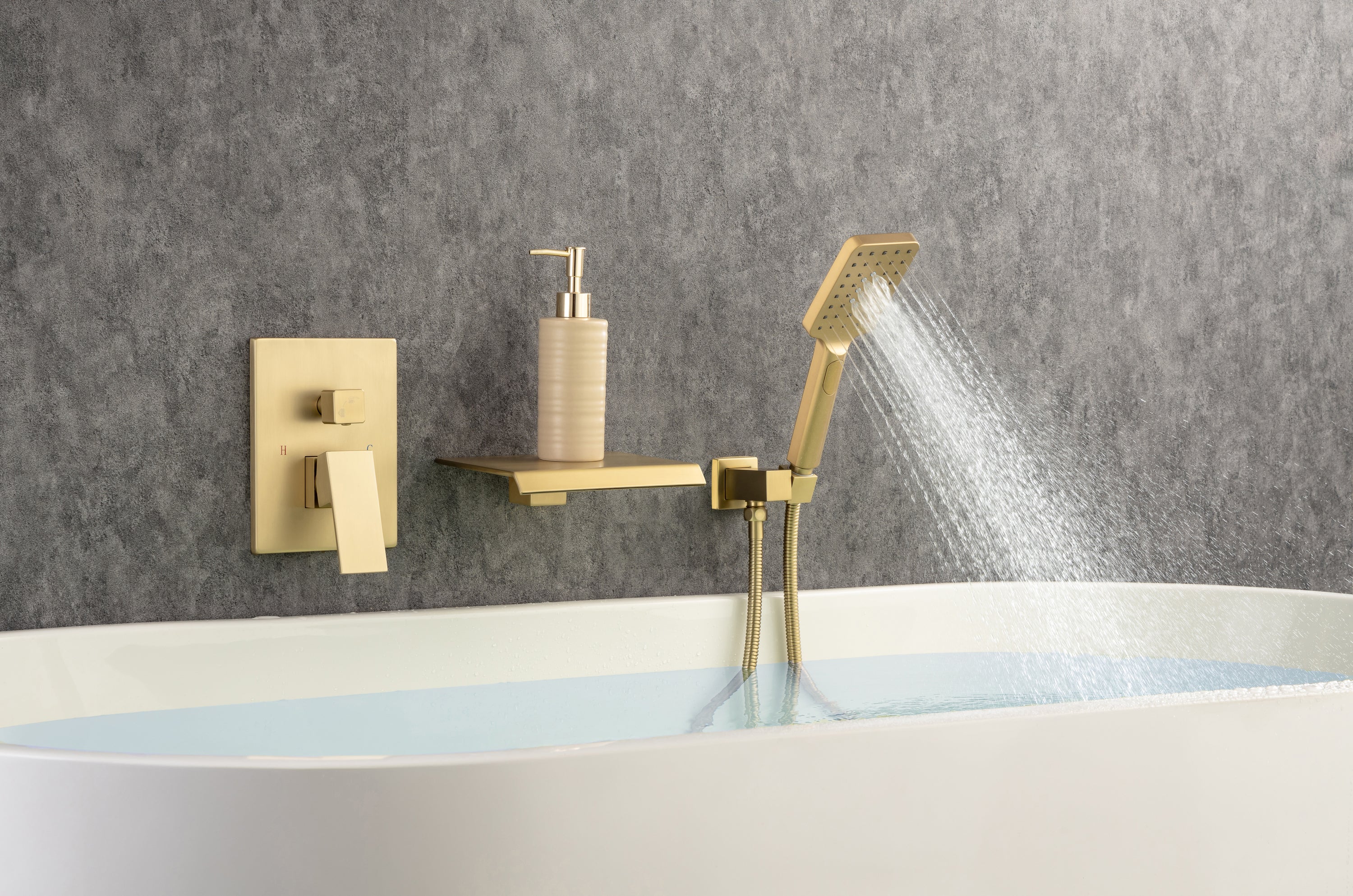 Waterfall Tub Faucet Wall Mount Roman Tub Filler Chrome Single Handle Brass Bathroom Bathtub Faucet with Hand Shower - Gold