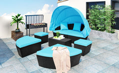 Outdoor rattan daybed sunbed with Retractable Canopy Wicker Furniture, Round Outdoor Sectional Sofa Set, Black Wicker Furniture Clamshell Seating with Washable Cushions - Blue