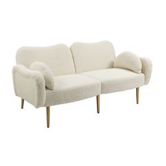 Mid Century Modern Velvet Love Seats Sofa with 2 Bolster Pillows, Loveseat Armrest - White Teddy