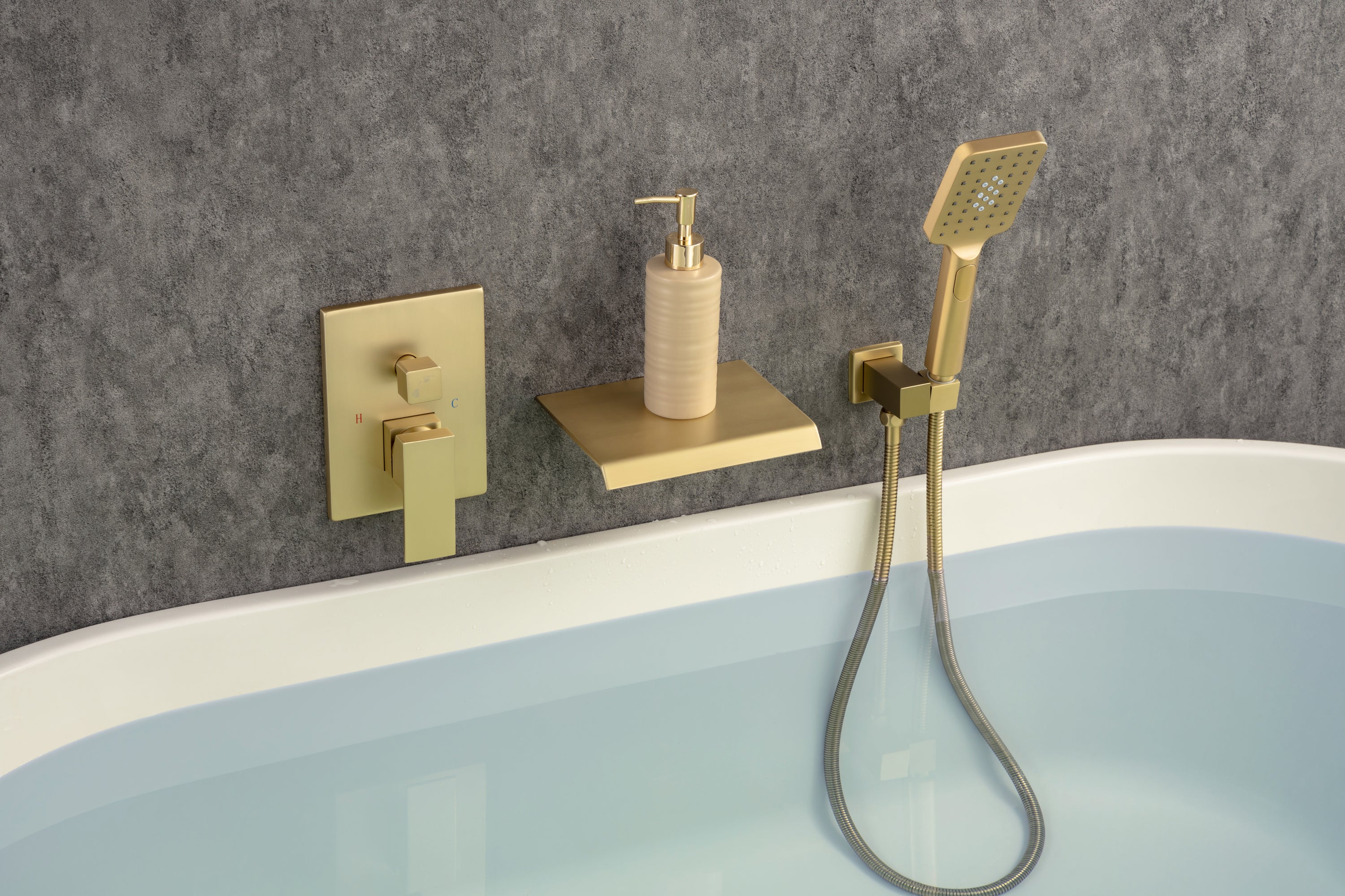 Waterfall Tub Faucet Wall Mount Roman Tub Filler Chrome Single Handle Brass Bathroom Bathtub Faucet with Hand Shower - Gold