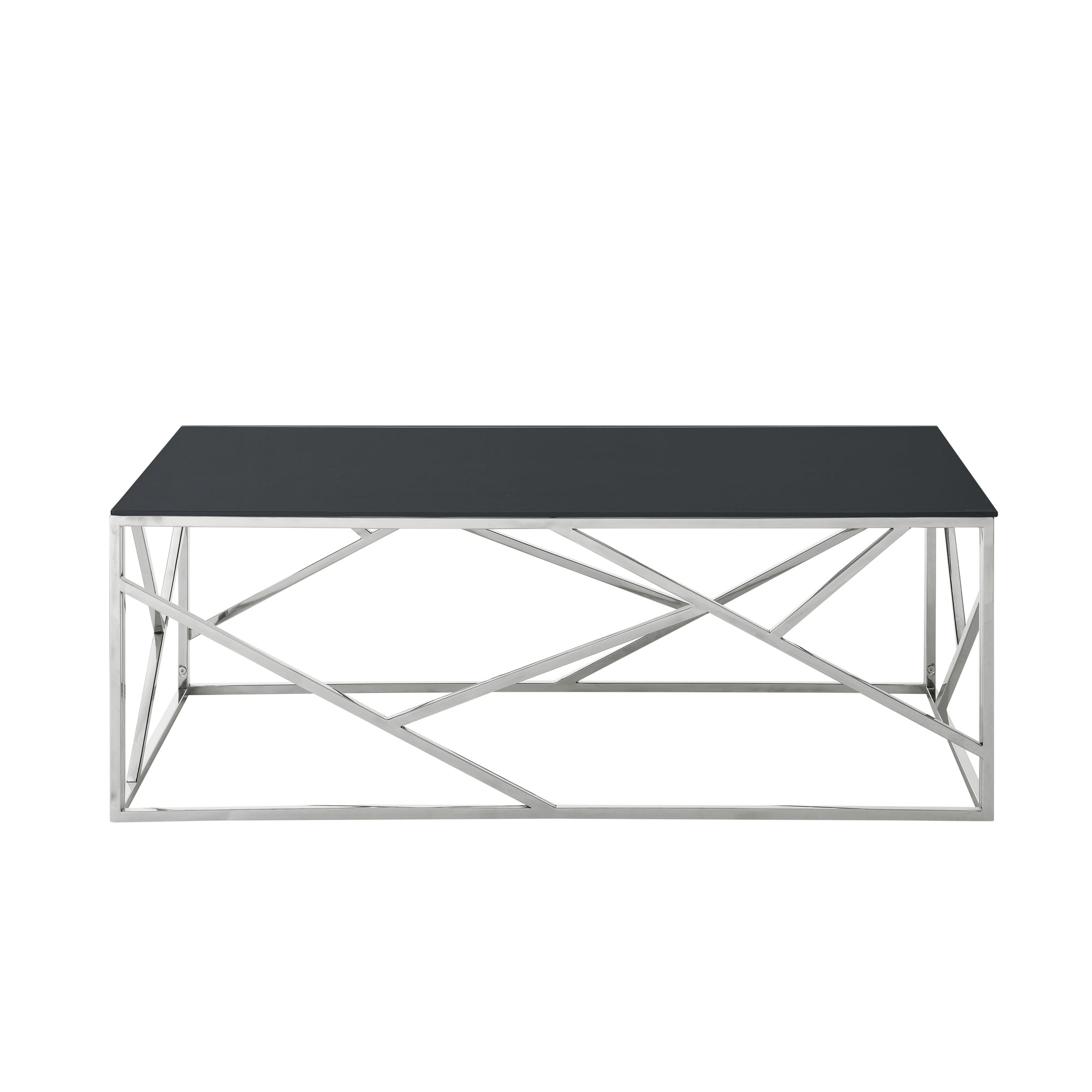 Modern Rectangular Coffee Accent Table with Black Tempered Glass Top and Stainless Steel Frame - Polished Chrome