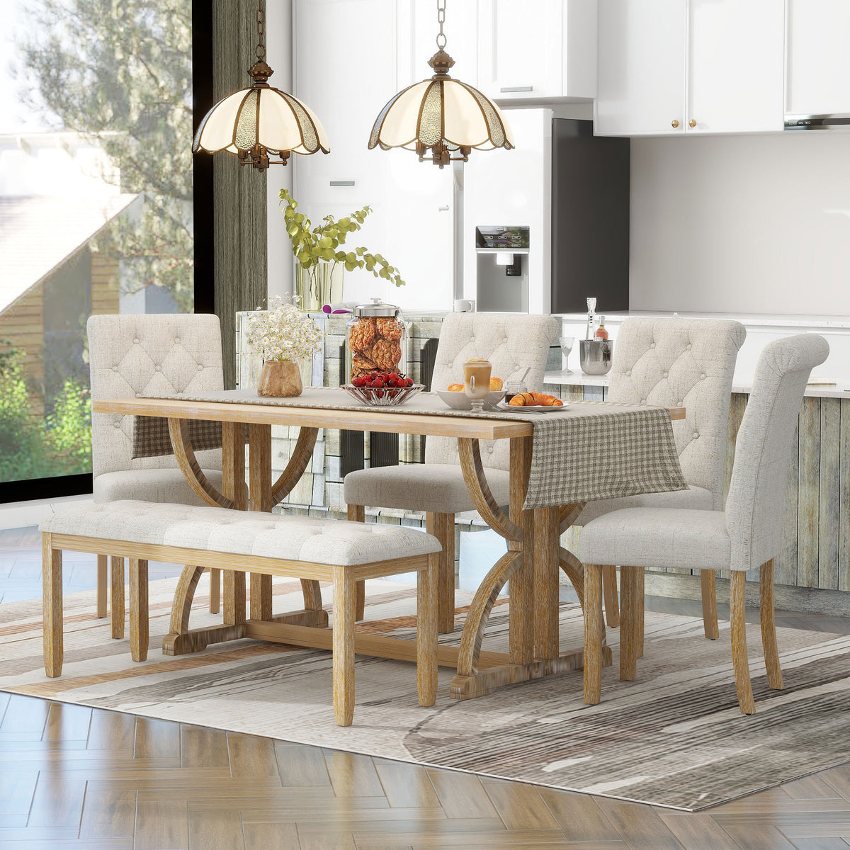 6-Piece Retro Rectangular Dining Table Set, Table with Unique Legs and 4 Upholstered Chairs & 1 Bench - Natural Wood Wash