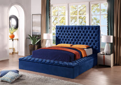 King Size Contemporary Velvet Upholstered Bed with Storage Locker, Deep Button Tufting, Solid Wood Frame, High-density Foam, Silver Metal Leg - Blue