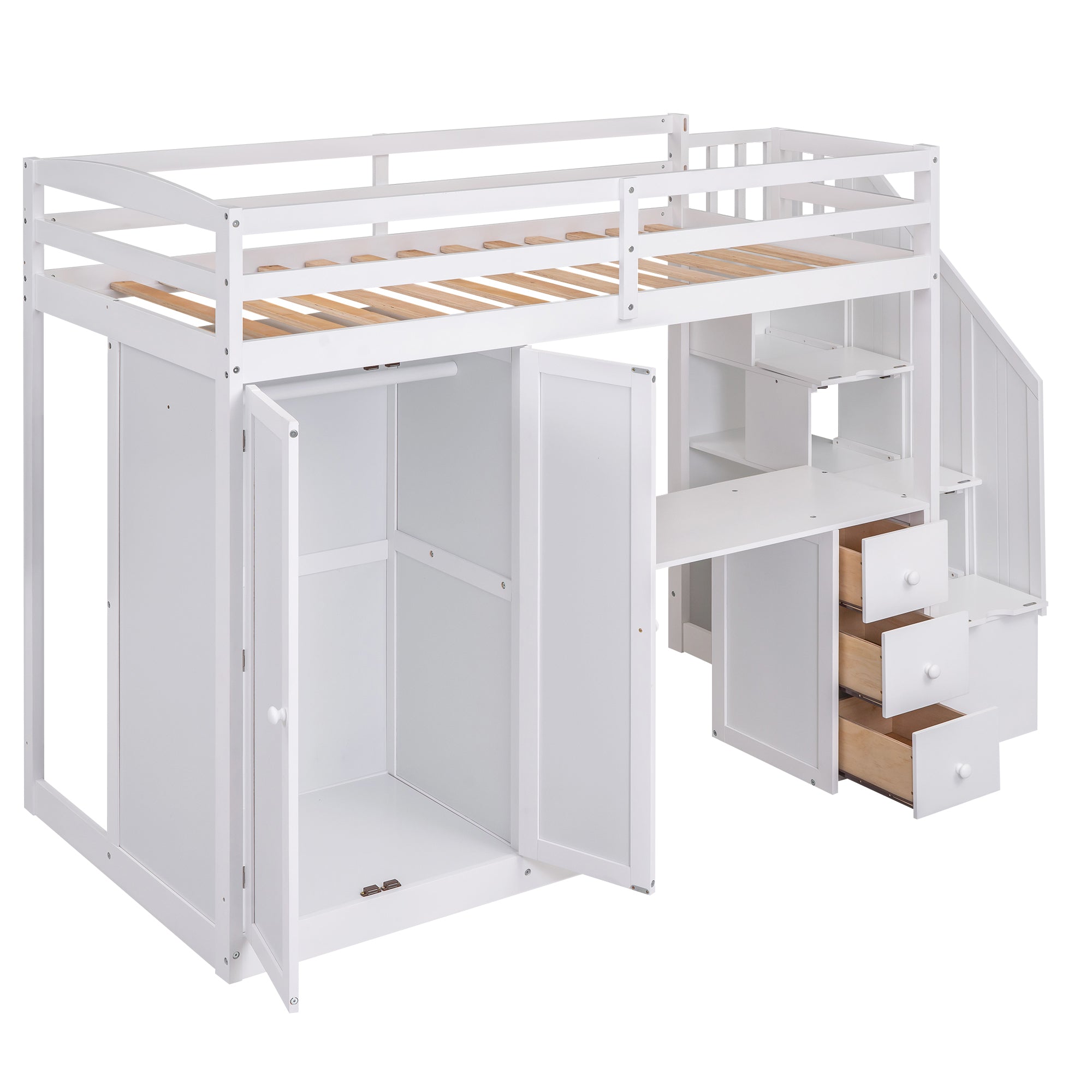 Twin Size Loft Bed with Wardrobe and Staircase - White
