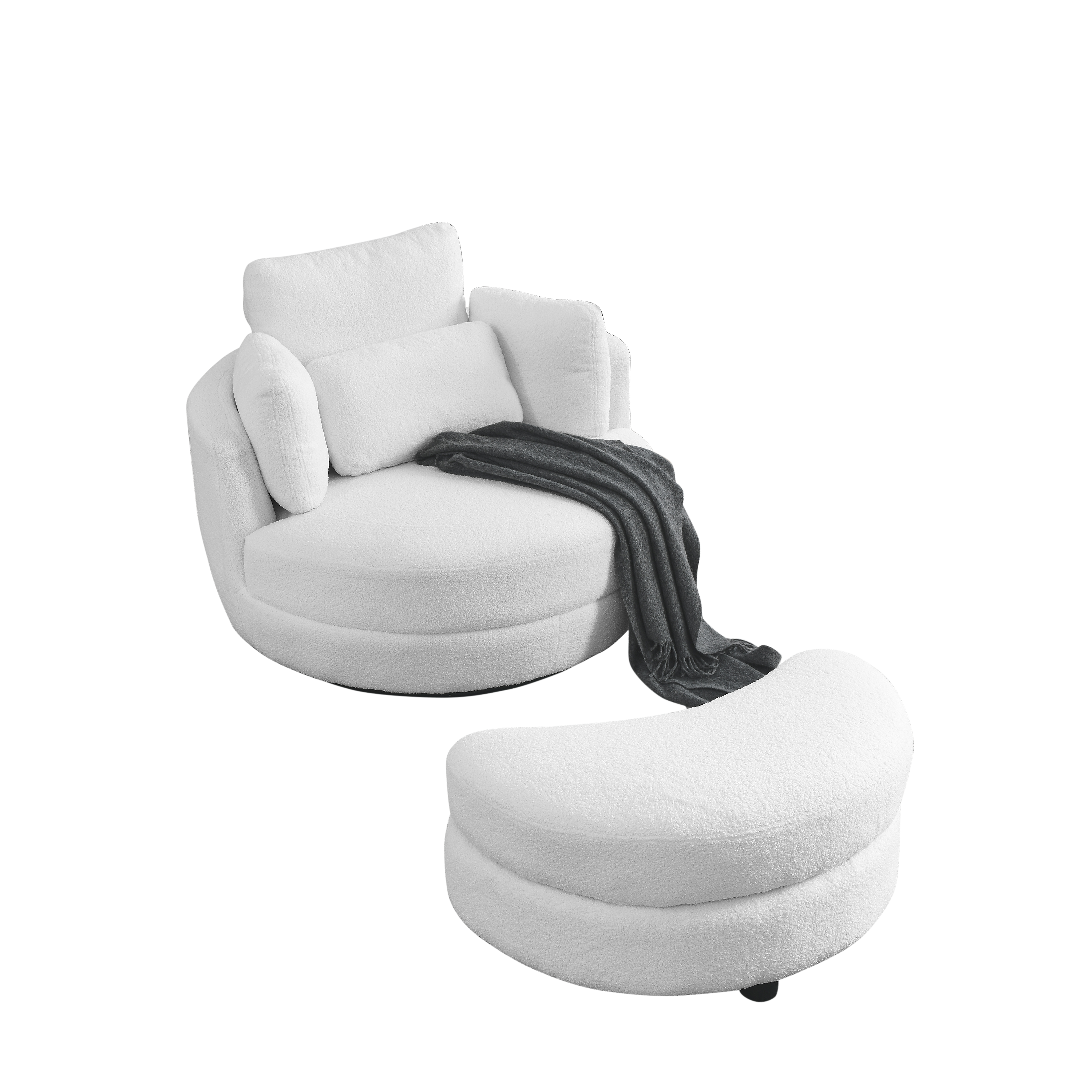 39"W Oversized Swivel Chair with Moon Storage Ottoman, 4 Pillows - Teddy Fabric White