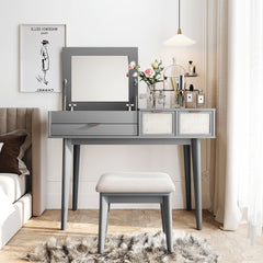 43.3" Classic Wood Makeup Vanity Set with Flip-top Mirror, Stool and storage space - Grey